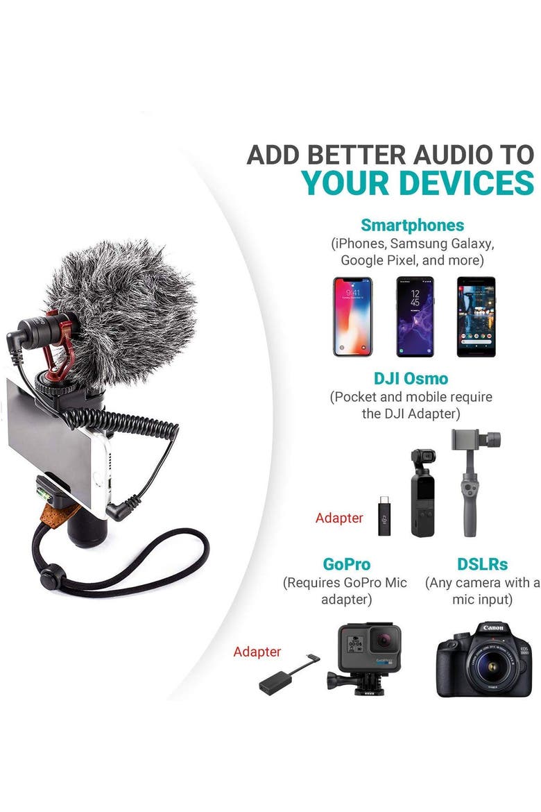 VXR10 Universal Video Microphone with Lightning Dongle Adapter - Includes Shock Mount, Deadcat Windscreen, Case, Alternate, color, Black