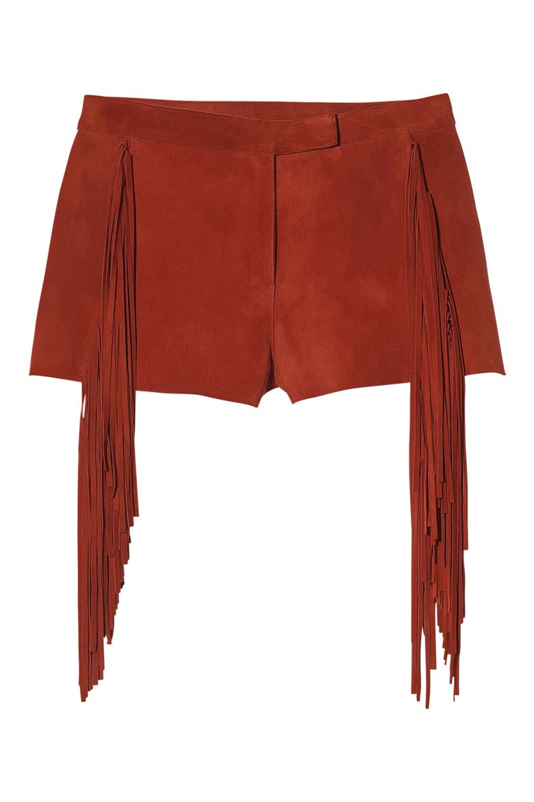 Fringed Lambskin Leather Shorts, Alternate, color, BRICK