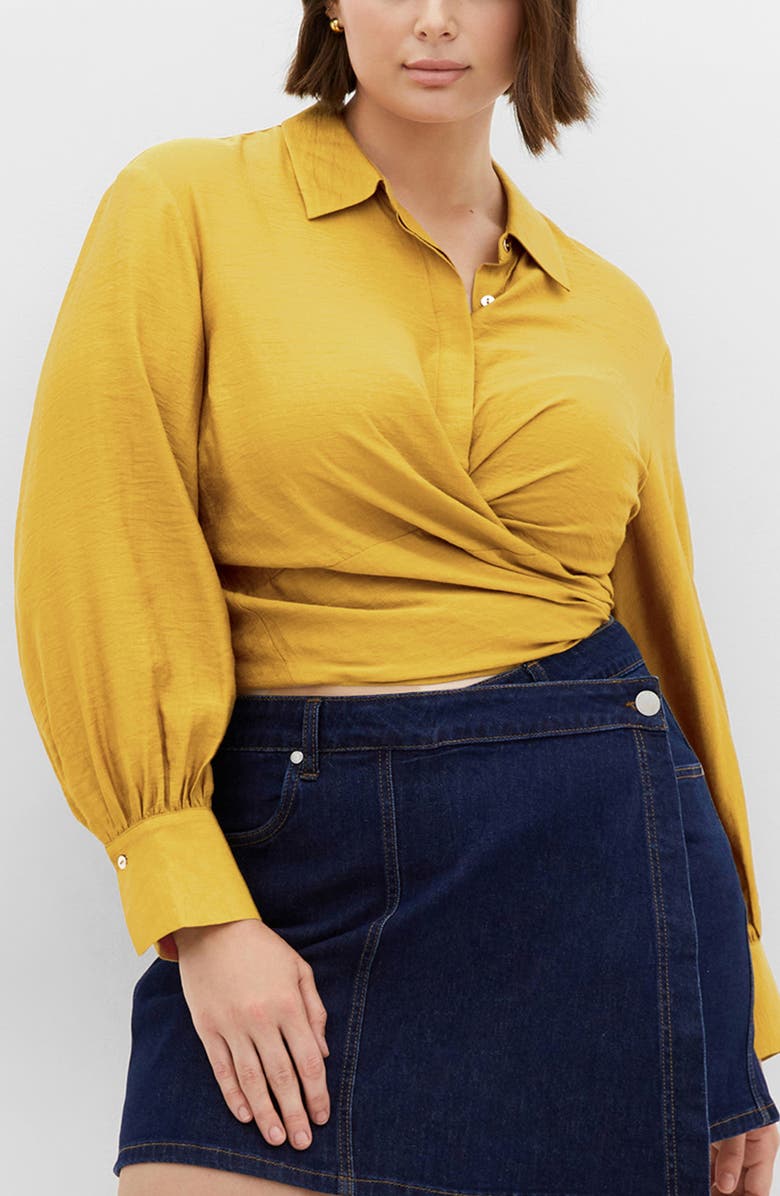 City Chic Winnie Tie Front Satin Shirt, Main, color, Old Gold