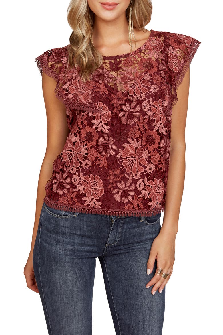 Floral Lace Ruffle Cap Sleeve Top, Main, color, WINE