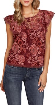matty m. Floral Lace Ruffle Cap Sleeve Top