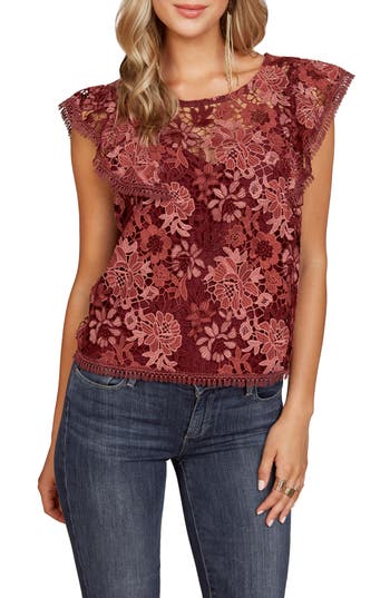 Matty M . Floral Lace Ruffle Cap Sleeve Top In Burgundy
