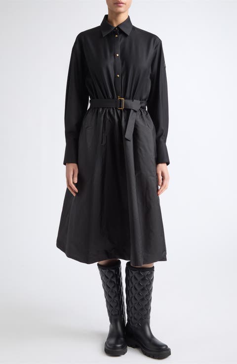 Mixed Media Long Sleeve Belted Wool & Nylon Shirtdress