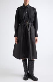 Moncler Mixed Media Long Sleeve Belted Wool & Nylon Shirtdress