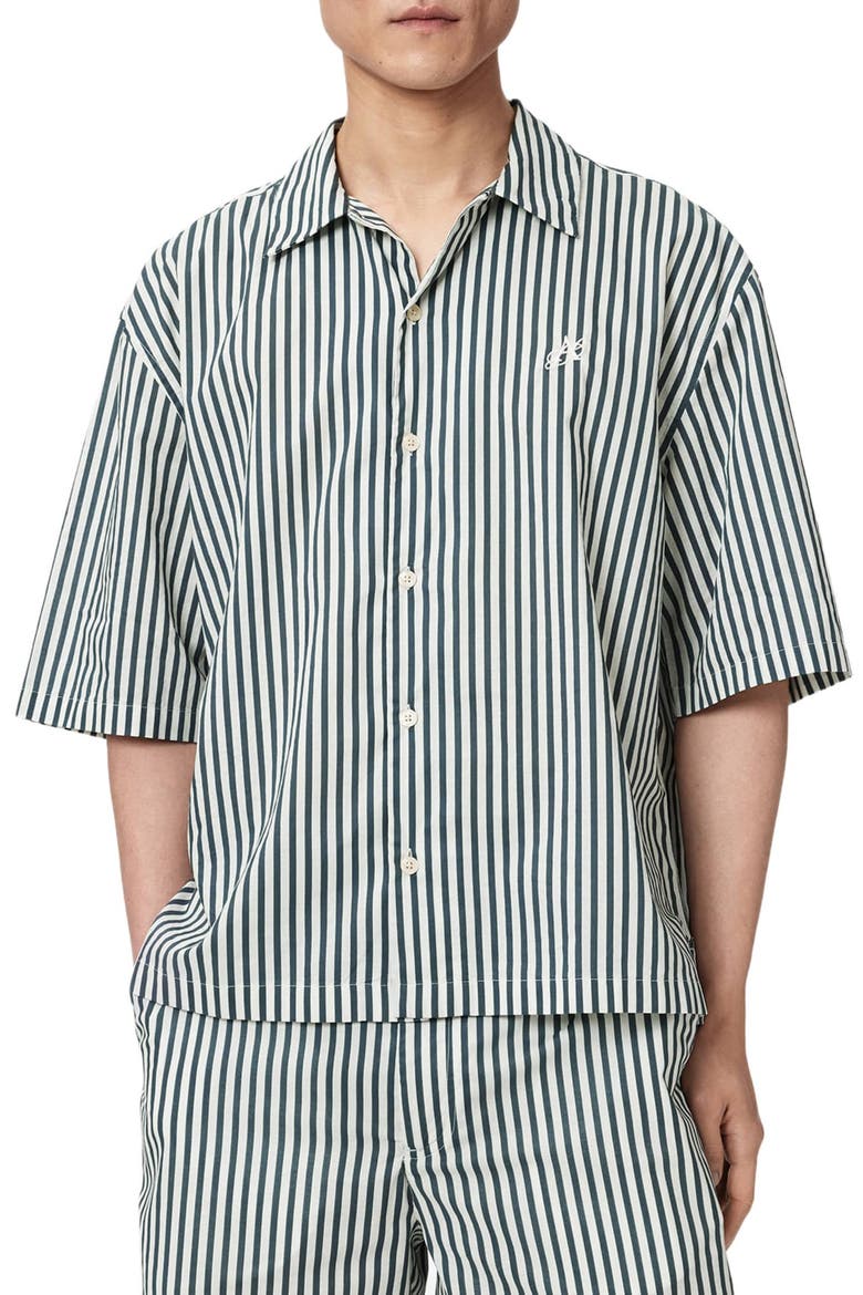 Chopin Oversize Stripe Short Sleeve Cotton Button-Up Shirt, Main, color, BLUE/ WHITE