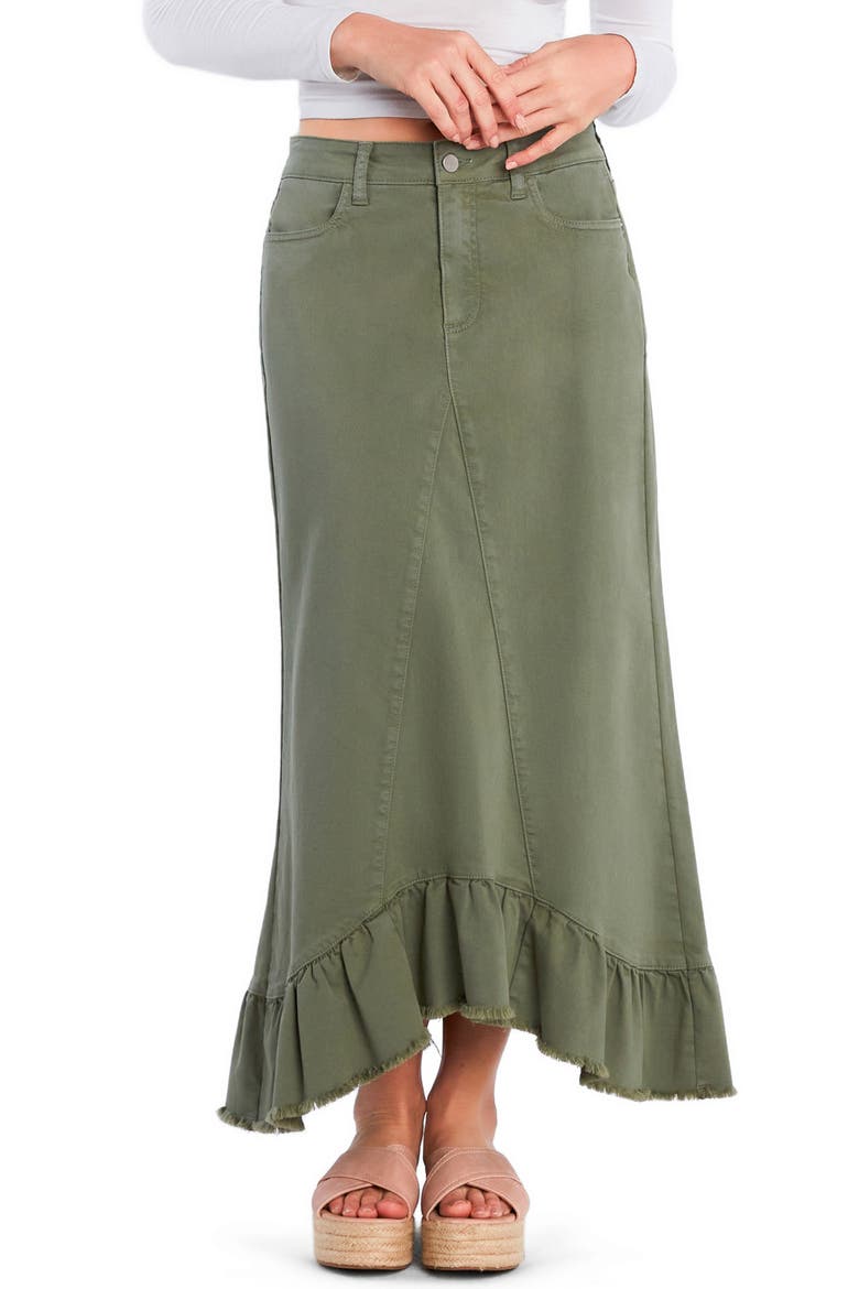 Pieced Ruffle Denim Maxi Skirt, Main, color, OLIVE