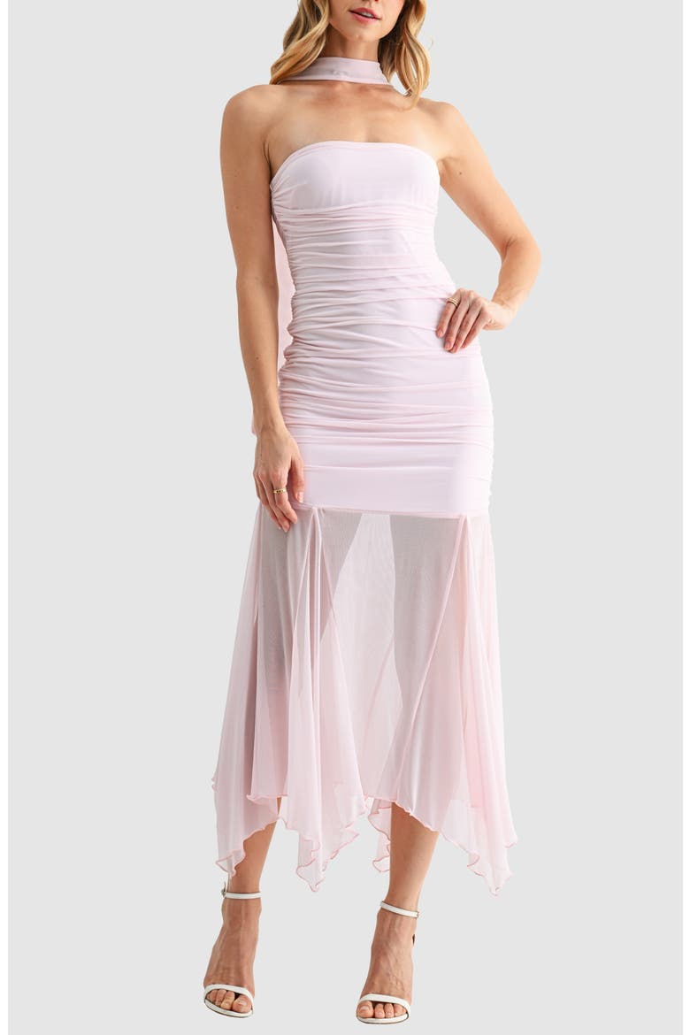 Ruched Drop Waist Midi Dress with Scarf, Alternate, color, BLUSH