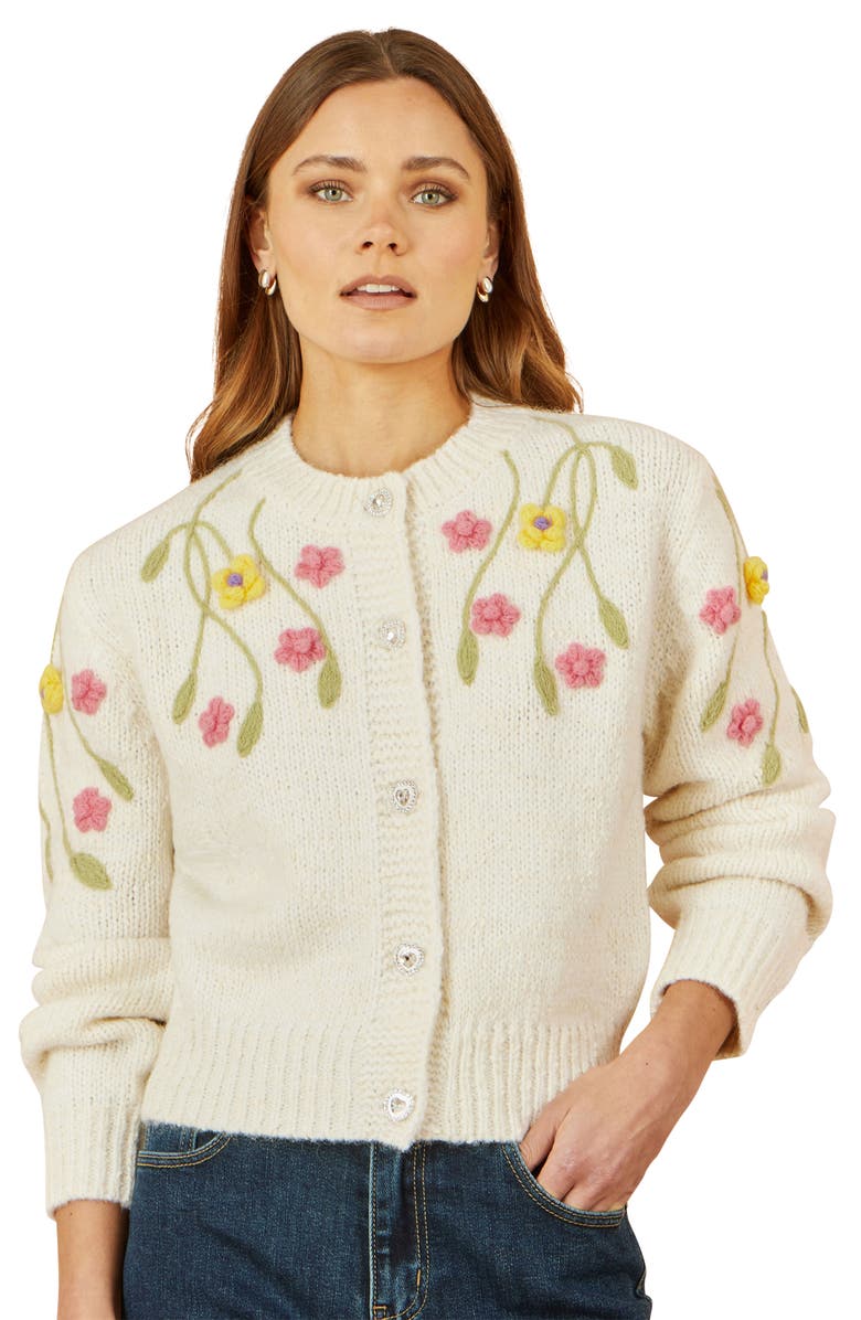 Yumi Hand Embroidered Flower Cardigan, Alternate, color, Ivory