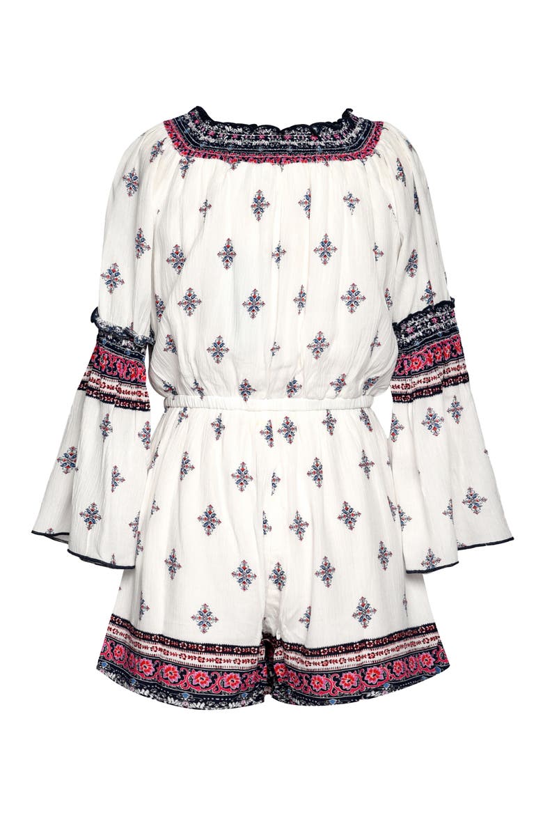 Kids' Border Print Romper, Alternate, color, WHITE MULTI