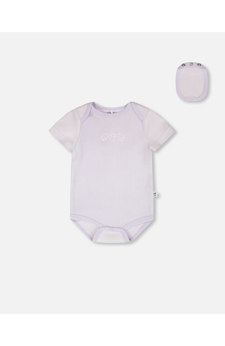 Deux par Deux Evolutive Cotton Rib Jersey Printed Strawberries Bodysuit, Main, color, Lilac