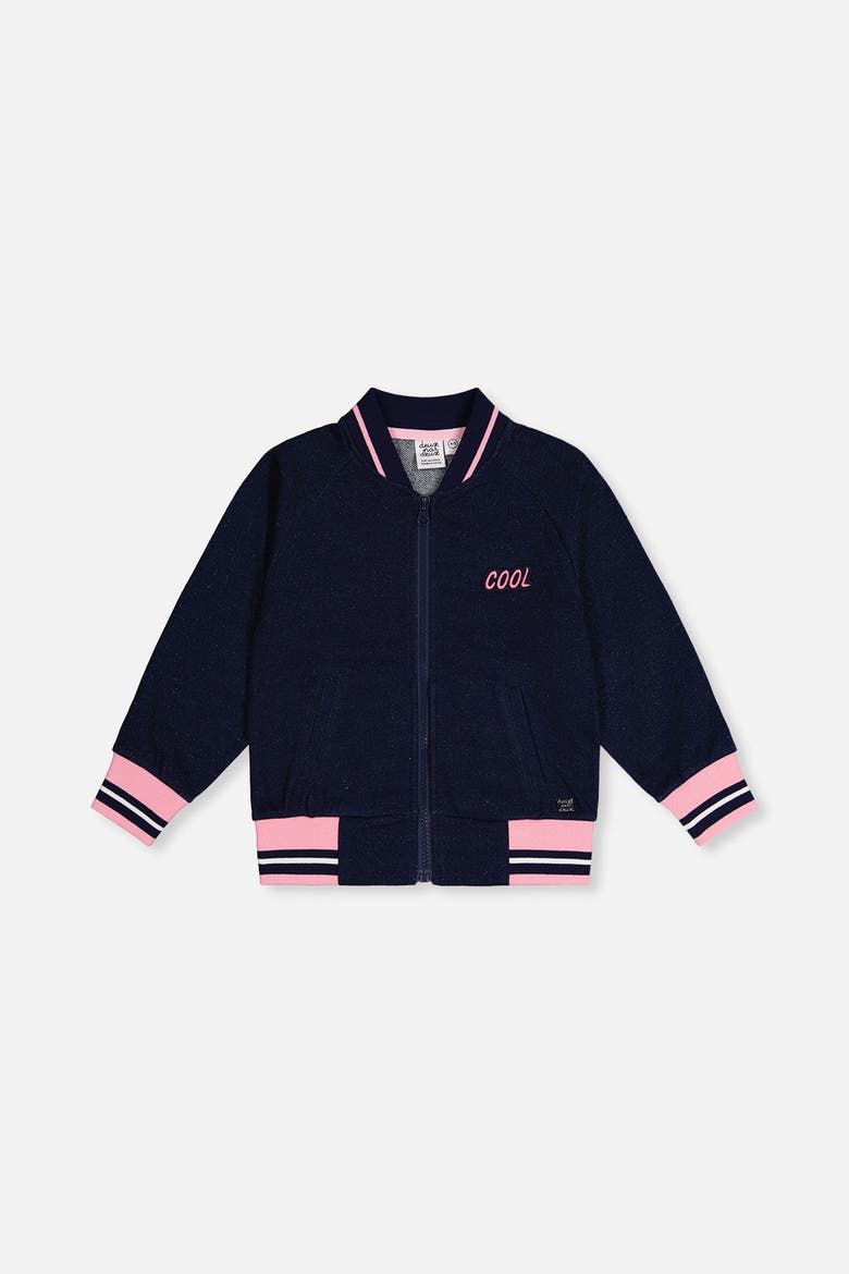 French Terry Appliqué Patch Full Zip Bomber Jacket, Main, color, Navy Blue Denim