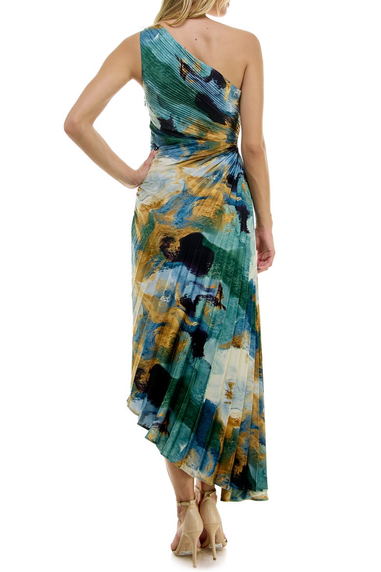 Print Asymmetric Hem Pleated Maxi Dress, Alternate, color, TEAL- BRONZE PRINT