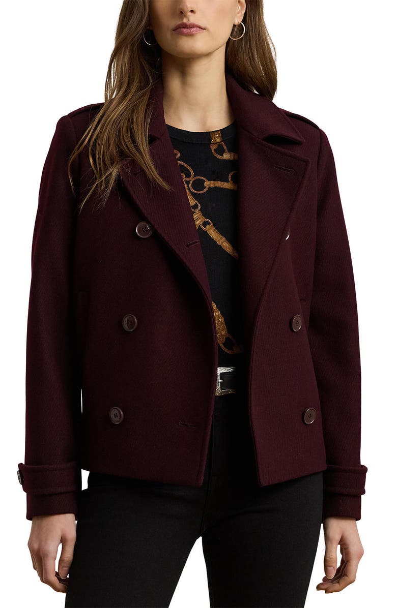 Lauren Ralph Lauren Double Breasted Wool Blend Twill Jacket, Main, color, Pinot Noir