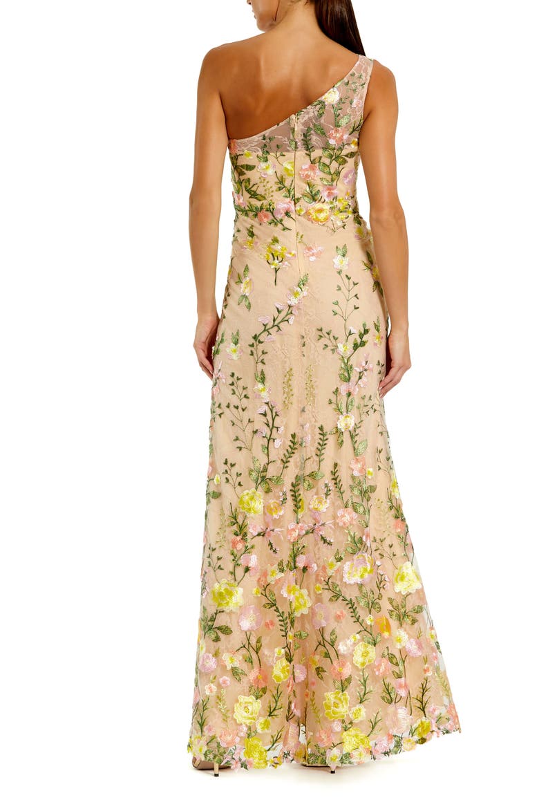Petite One Shoulder Lace Embroidered Gown, Alternate, color, Yellow Multi