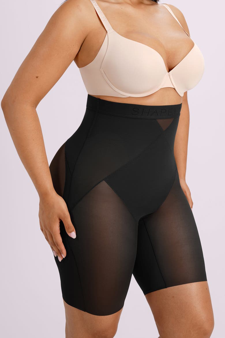 High Waist Tummy Control Butt-Lifting Mesh Shaping Short, Alternate, color, Black