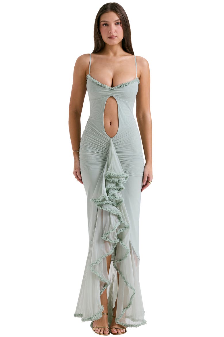 Gabriella Keyhole & Ruffle Mesh Body-Con Gown, Alternate, color, AQUA