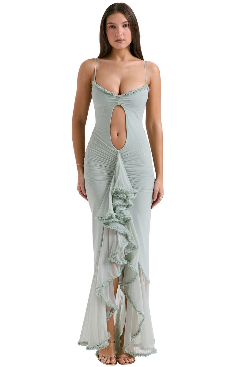 HOUSE OF CB Gabriella Keyhole & Ruffle Mesh Body-Con Gown, Alternate, color, Aqua