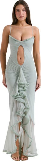 Gabriella Keyhole Ruffle Mesh Body-Con Gown