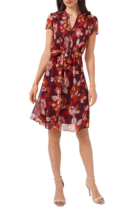 Pleated Floral Print Tie Waist Dress