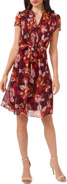 Chaus Pleated Floral Print Tie Waist Dress