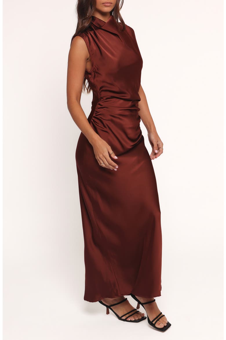 Meryn Ruched Satin Maxi Dress, Alternate, color, BROWN