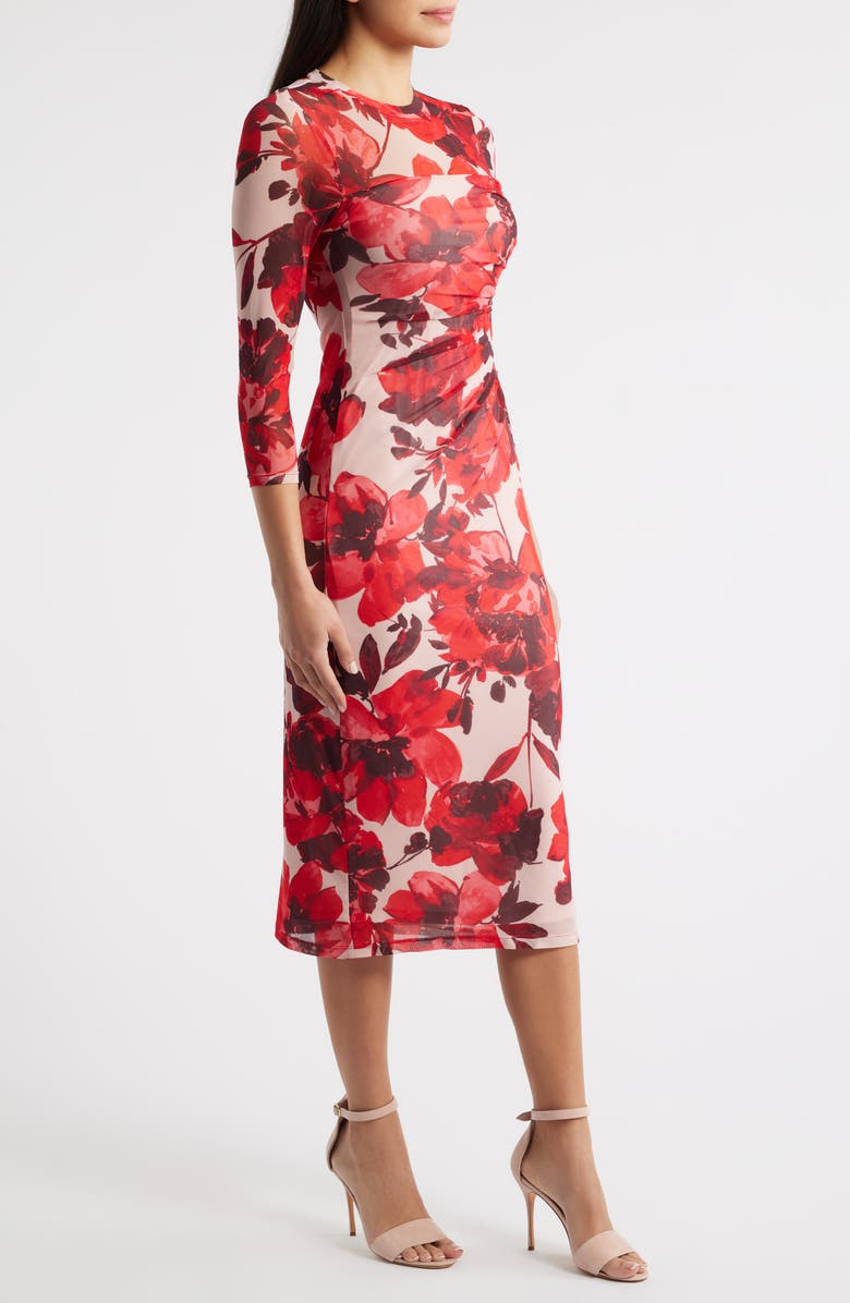 Anne Klein Side Ruched Long Sleeve Midi Dress, Alternate, color, Rose Mist Multi