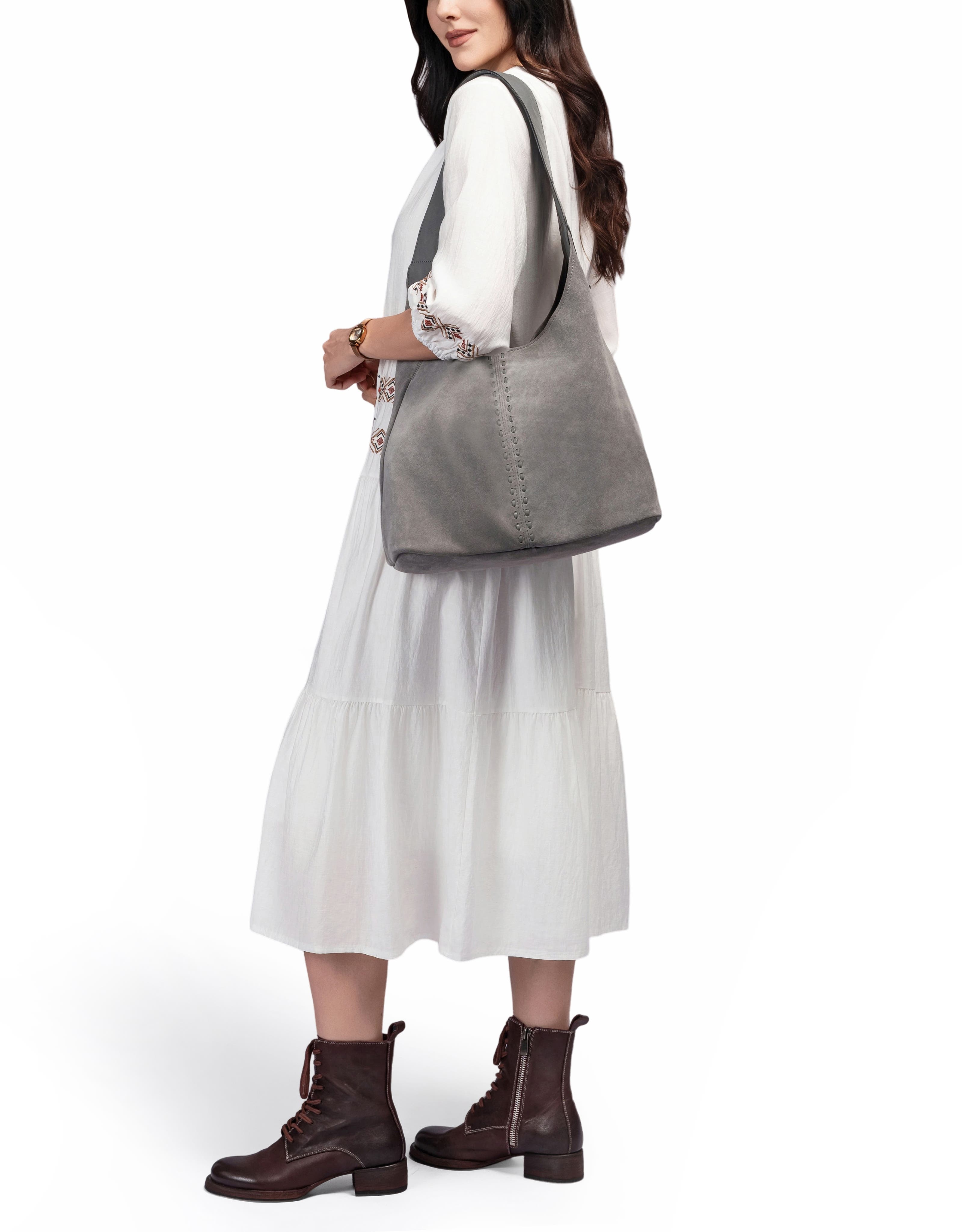 OLD TREND Hydrangea Genuine Leather Suede Classic Hobo Bag, Alternate, color, Grey