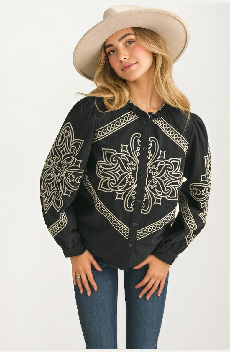 Knit and Lounge Embroidered Western Button-Up Blouse, Main, color, Black