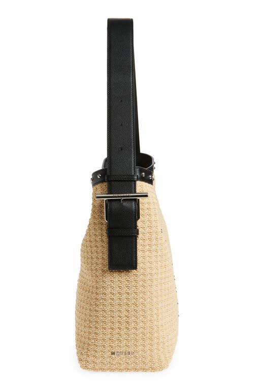 Shop Alexander Mcqueen Mcqueen T-bar Sling Studded Raffia & Leather Shoulder Bag In Natural/black/silver