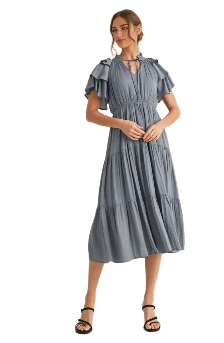 Knit and Lounge Tiered Tie Neck Ruffle Sleeve Midi Dress, Alternate, color, 