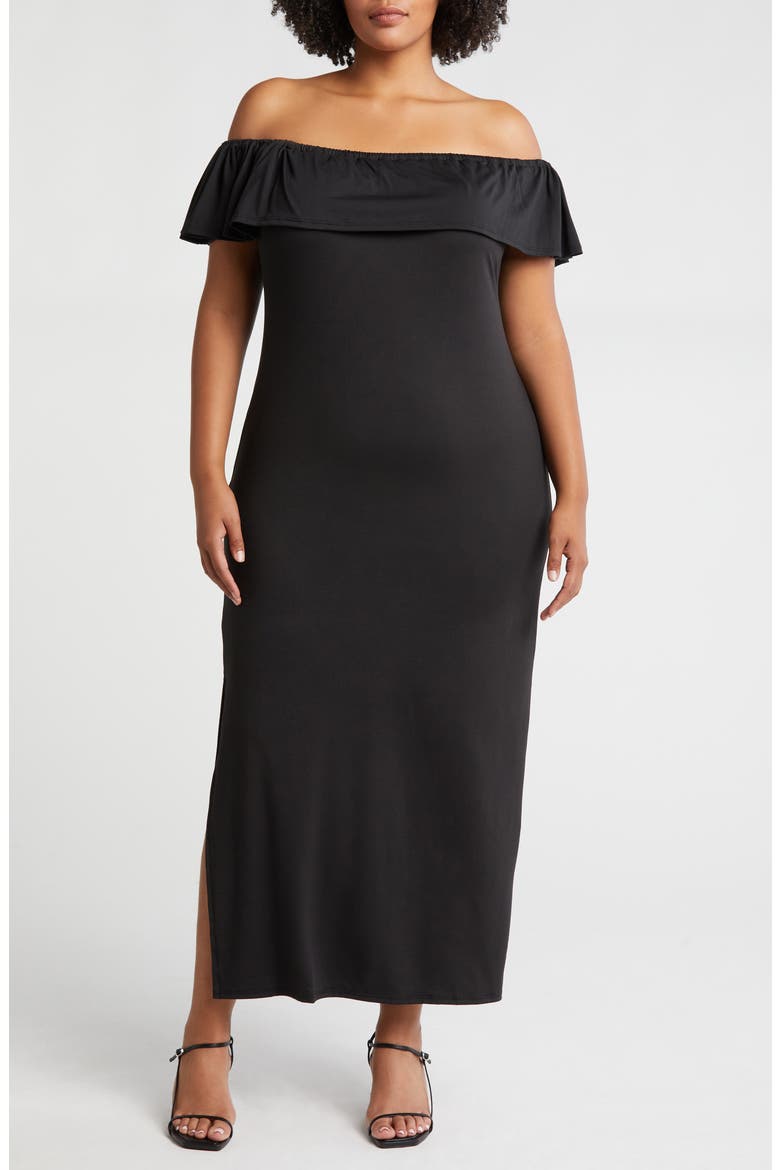 Off the Shoulder Jersey Midi Dress, Main, color, BLACK