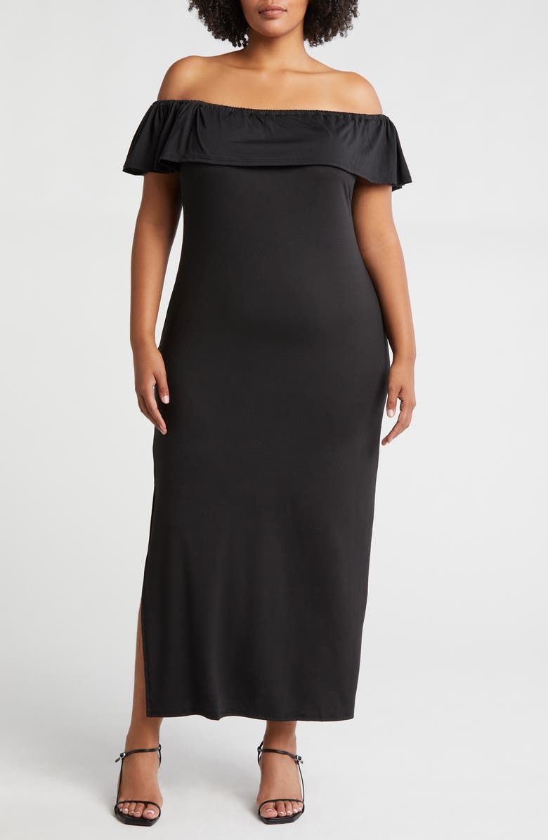 24seven Comfort Apparel Off the Shoulder Jersey Midi Dress, Main, color, Black