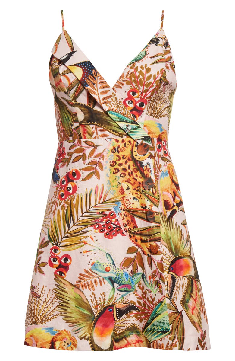 FARM Rio Into the Jungle Print Linen Blend Wrap Minidress, Alternate, color, 