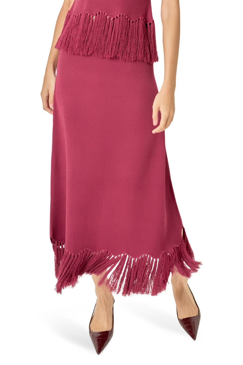 Fringe Hem Knit Midi Skirt, Main, color, BURGUNDY