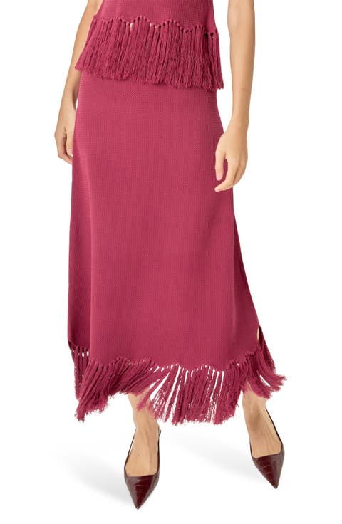 Fringe Hem Knit Midi Skirt