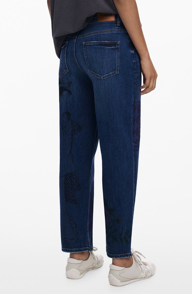 Desigual Graphic Barrel Leg Ankle Jeans, Alternate, color, Dark Blue