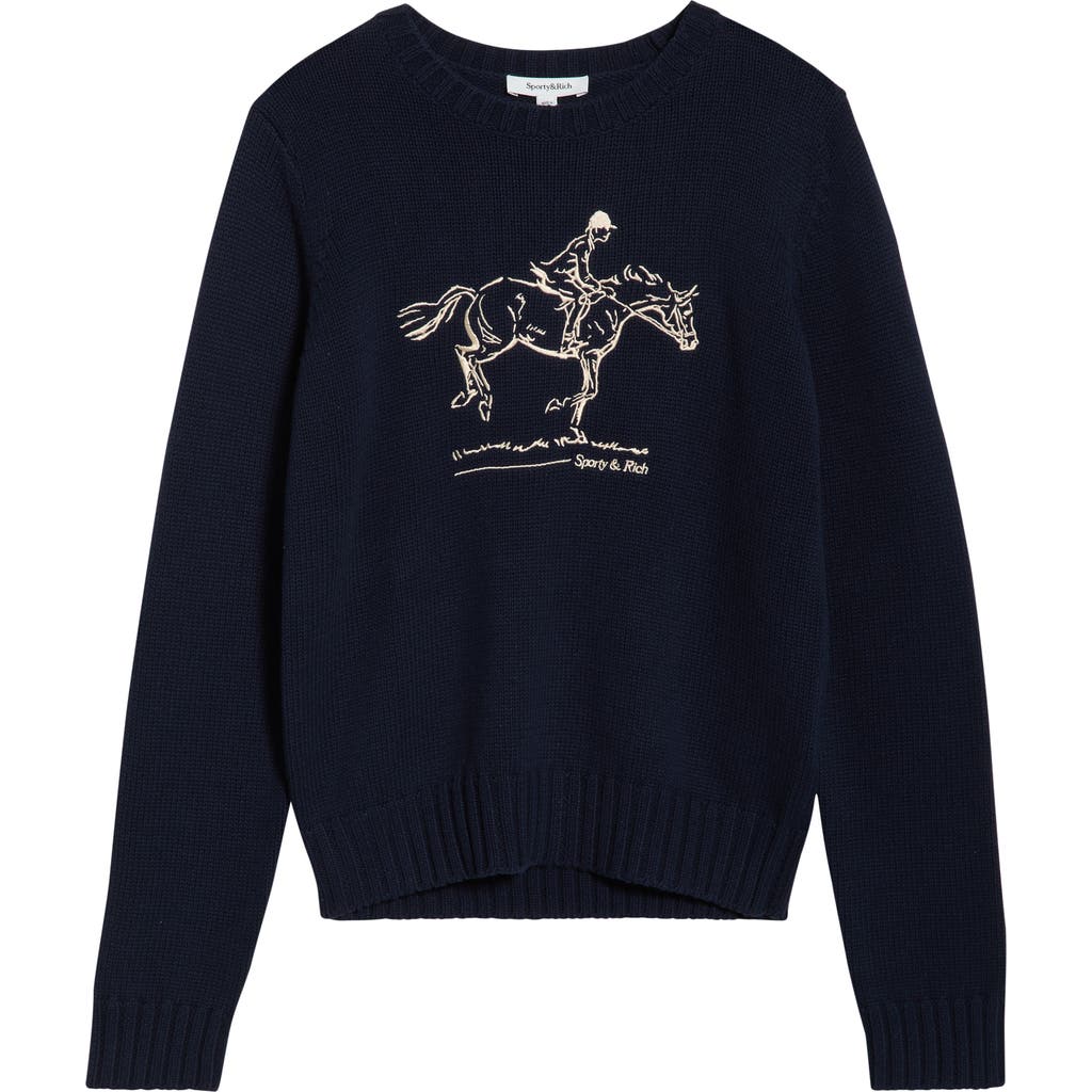 Sporty And Rich Sporty & Rich Horse Embroidered Cotton Sweater In Blue