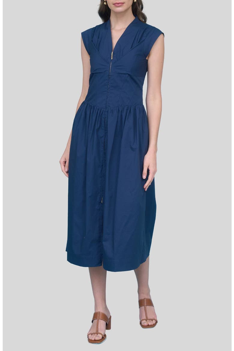 Seamed Cotton Fit & Flare Dress, Main, color, NAVY
