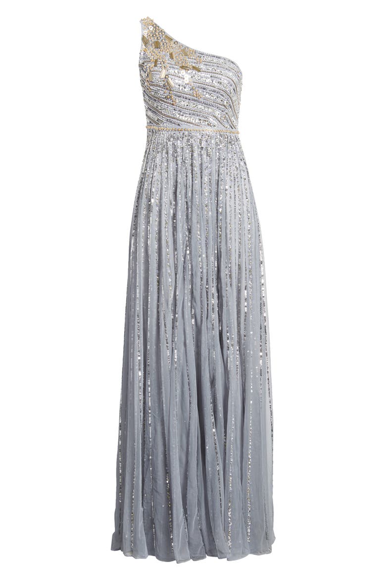 Embellished One-Shoulder A-Line Gown, Alternate, color, PLATINUM
