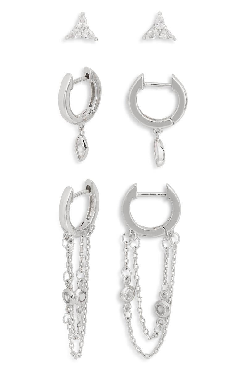 NORDSTROM RACK Set of 3 Cubic Zirconia Stud & Chain Drop Huggie Hoop Earrings, Main, color,