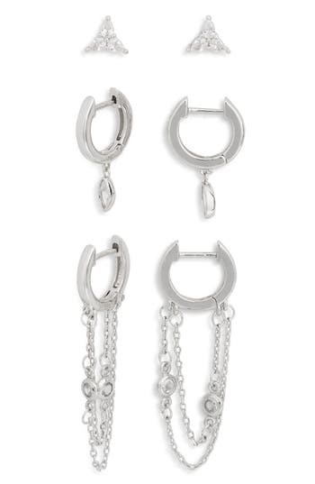 Nordstrom Rack Set Of 3 Cubic Zirconia Stud & Chain Drop Huggie Hoop Earrings In Clear- Silver