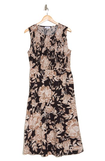 Calvin Klein Floral Sleeveless Smocked Fit & Flare Midi Dress In Multi