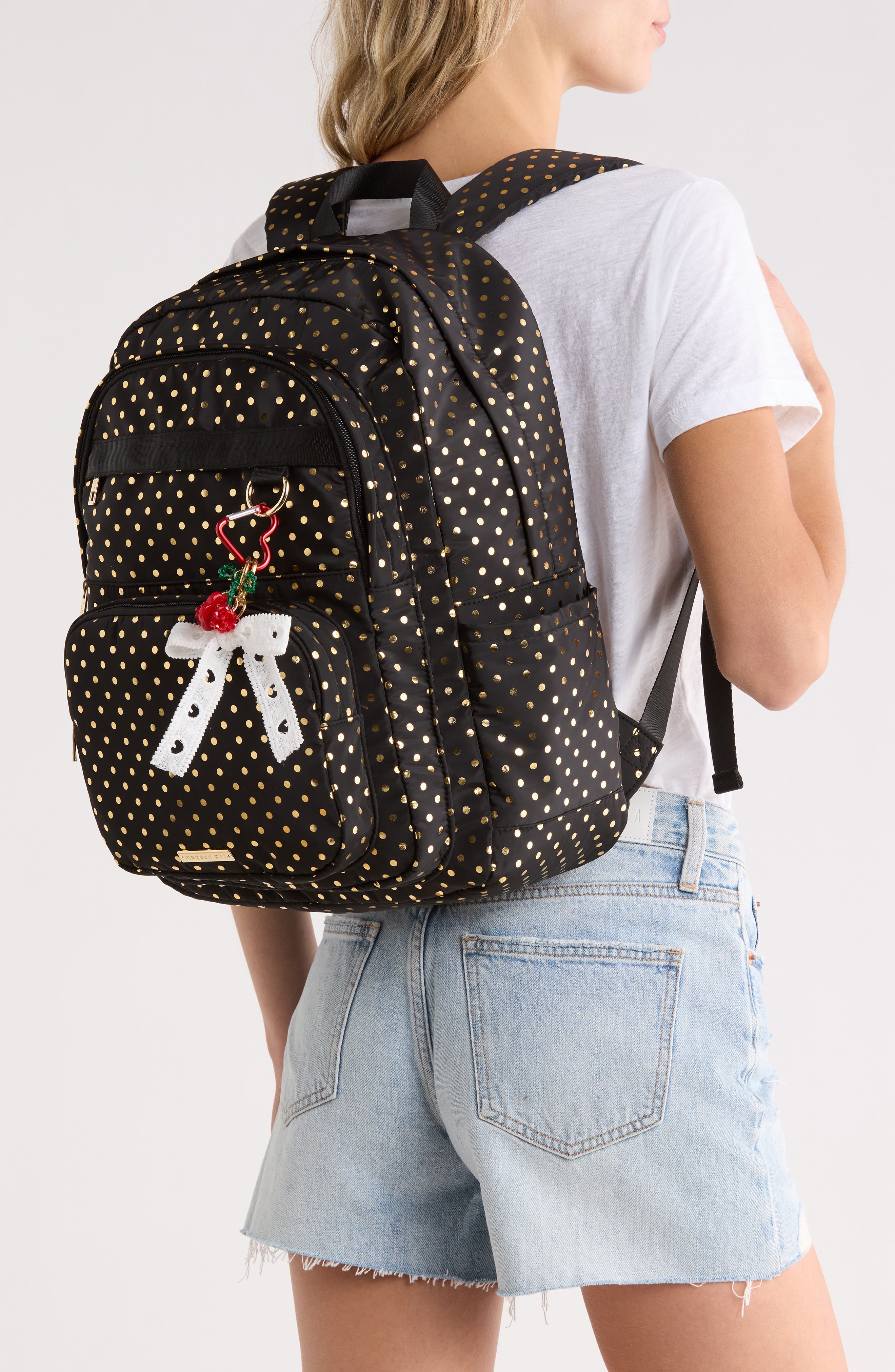 Polka Dot Nylon Dome Backpack, Alternate, color, GOLD FOIL POLKA DOT