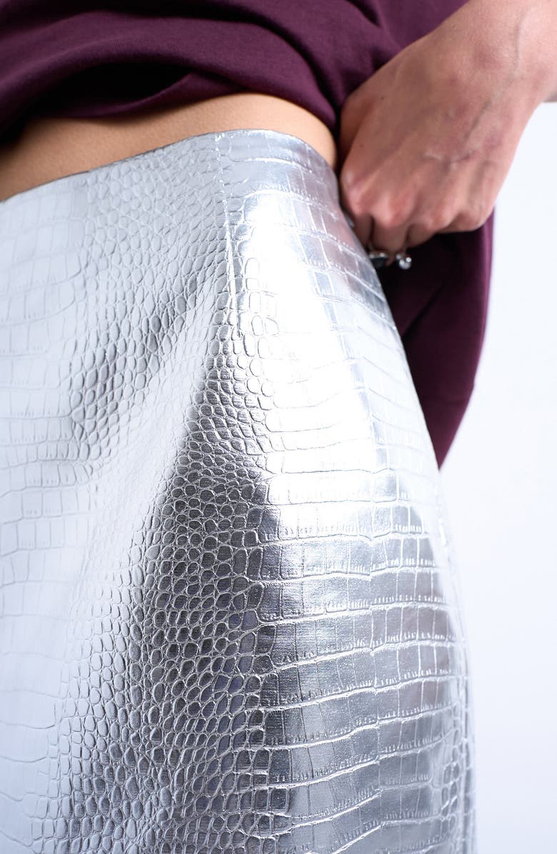 Topshop Croc Embossed Metallic Faux Leather Miniskirt, Alternate, color, Silver