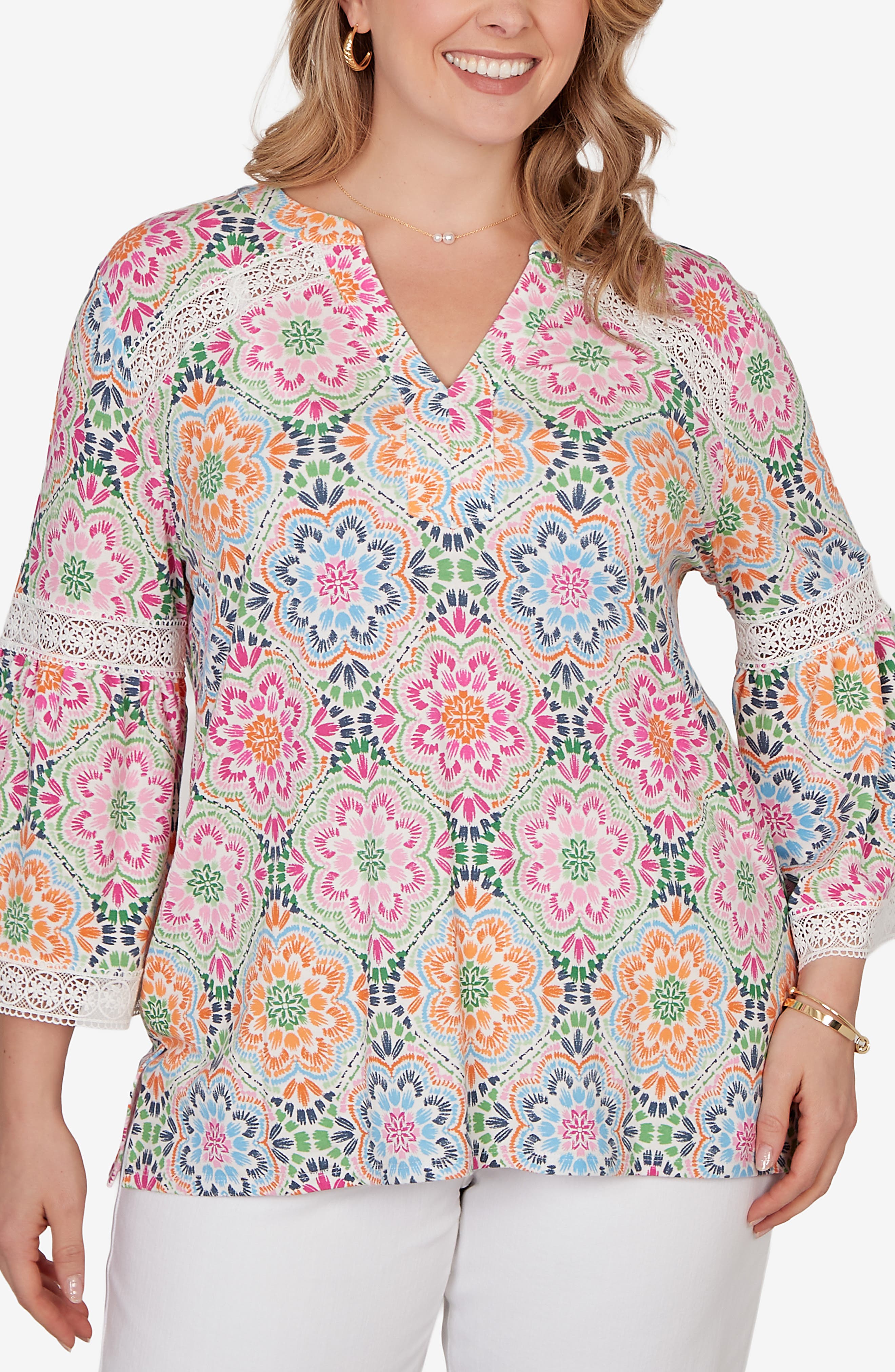 Ruby Rd Woman RUBY RD Print Lace Trim Jersey Top (Women) | Nordstromrack