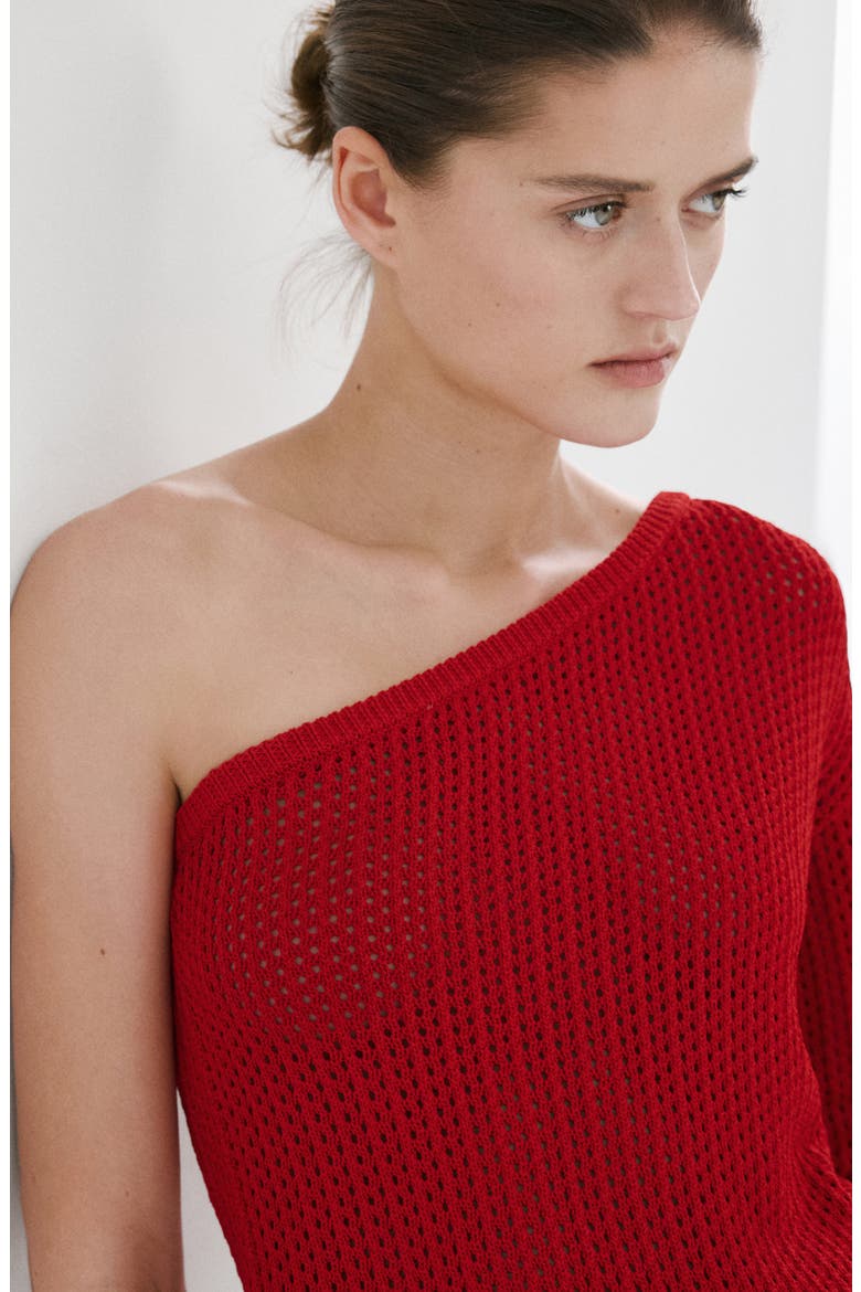 Open Stitch One-Shoulder Sweater, Alternate, color, RED
