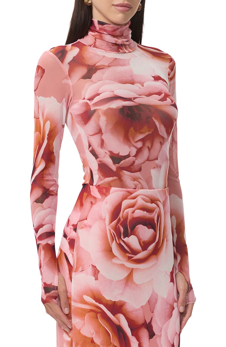 AFRM Zadie Print Turtleneck Mesh Top, Alternate, color, Peach Roses