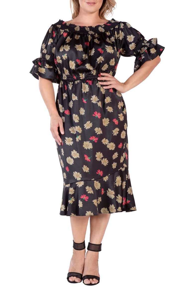 Floral Off the Shoulder Midi Dress, Alternate, color, BLACK SPARKLER