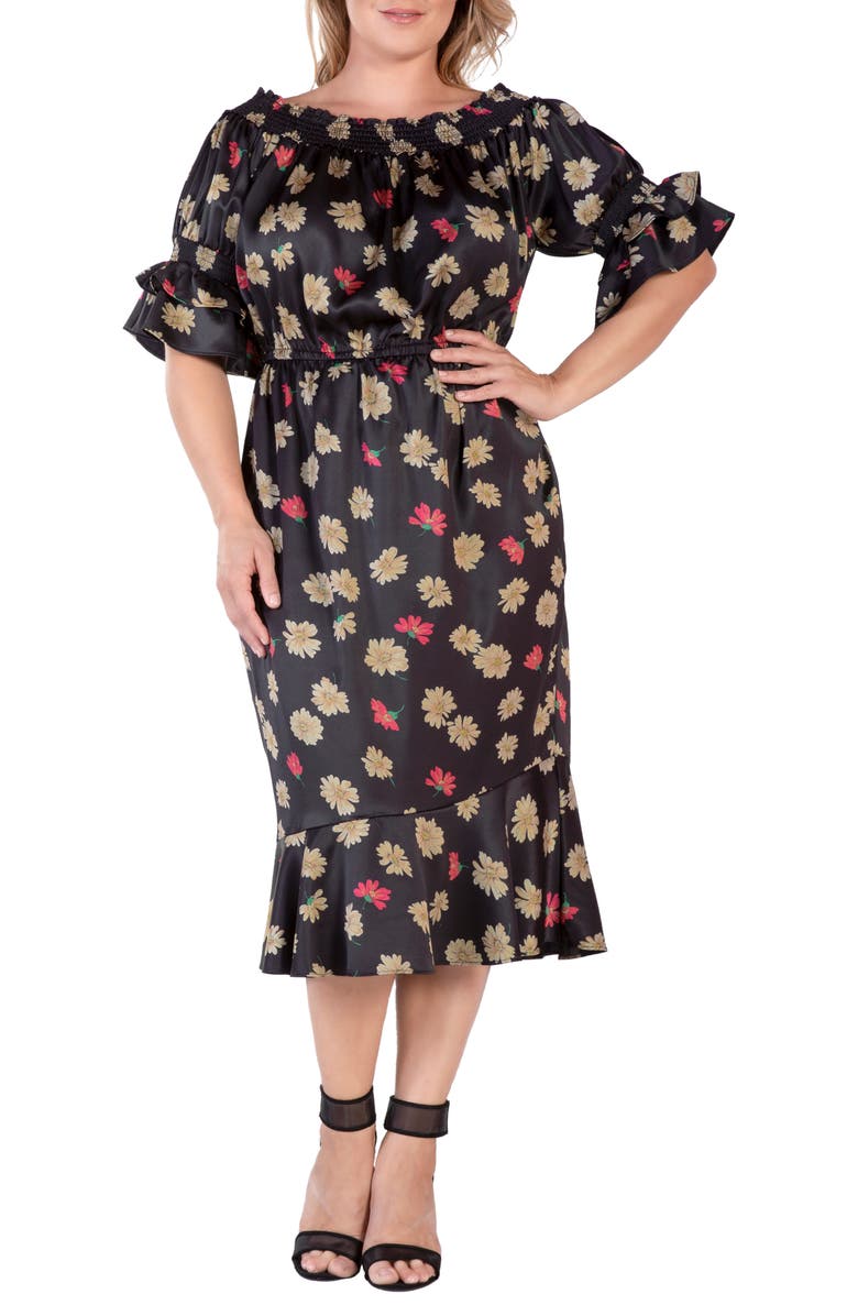 Standards & Practices Floral Off the Shoulder Midi Dress, Alternate, color, Black Sparkler