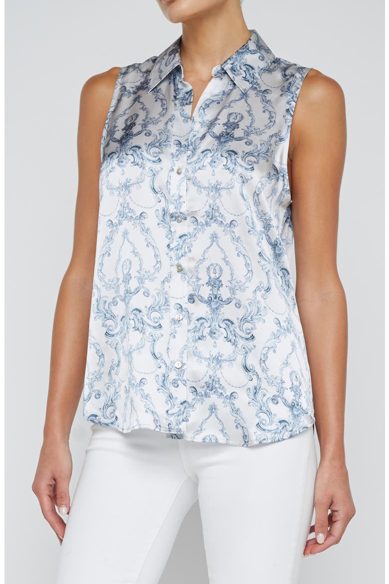 Emmy Sleeveless Silk Shirt, Alternate, color, WHITE BLUE SCROLL TOILE
